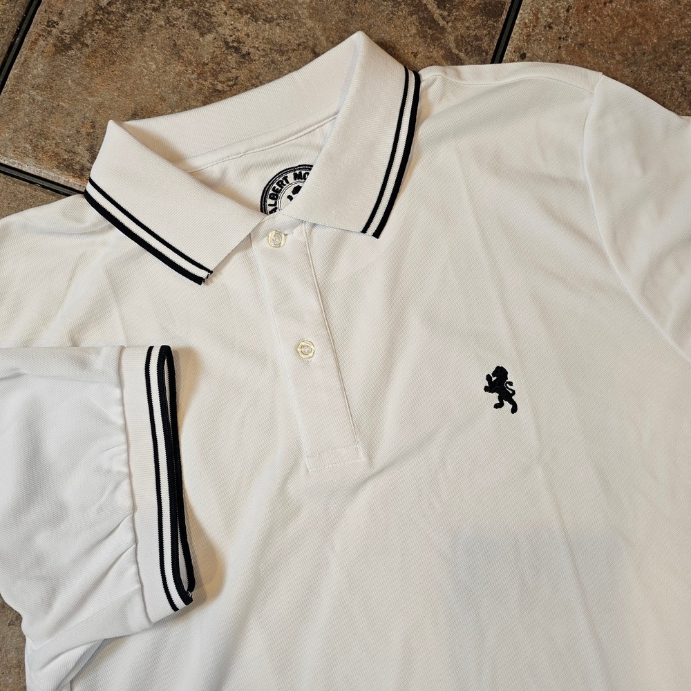 Mens Preppy Nautical White Short Sleeve Polo Shirt Lion Logo Tipped Trim Large